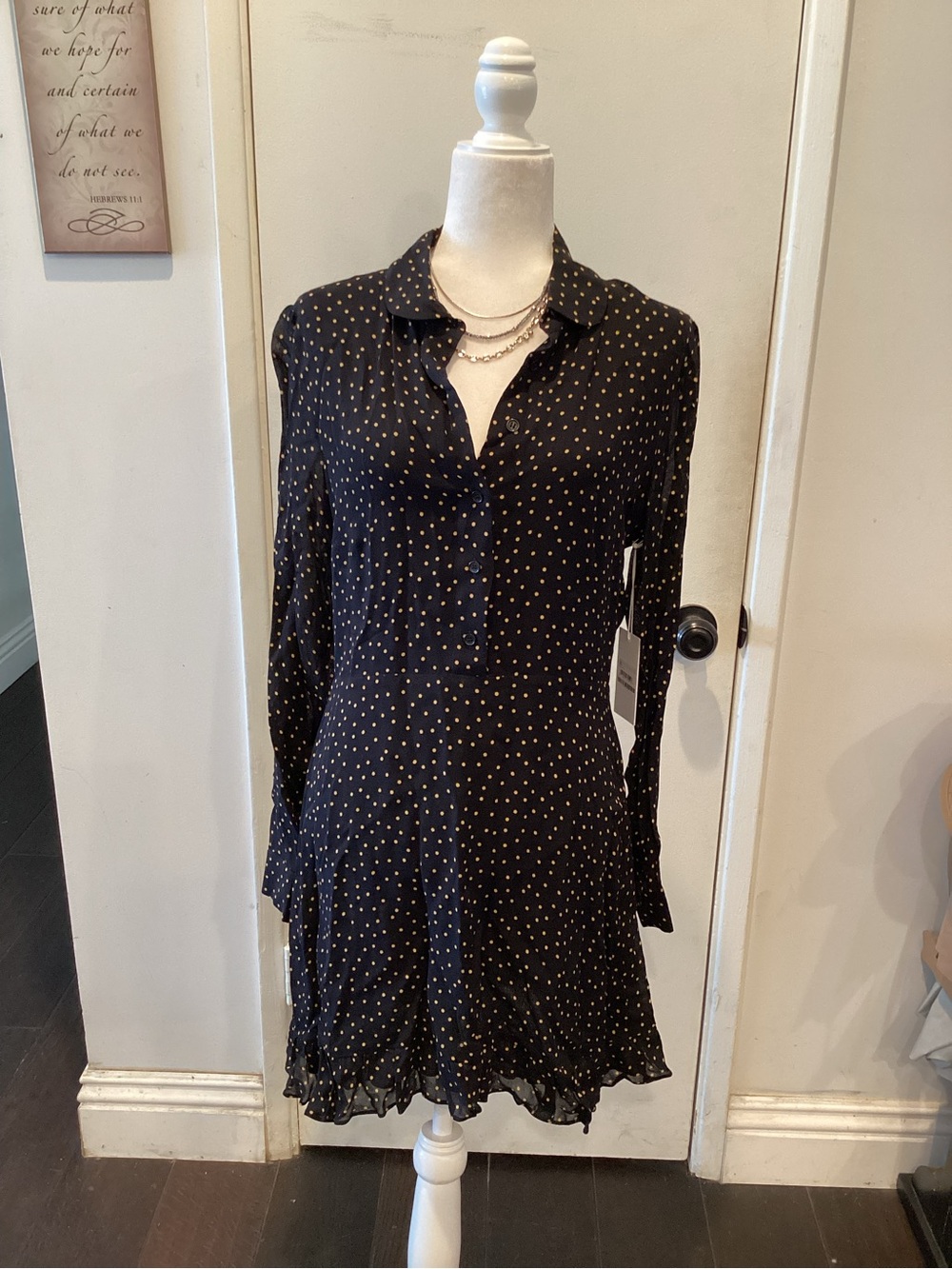 Reformation Black Midi Dress with Gold Polka Dots